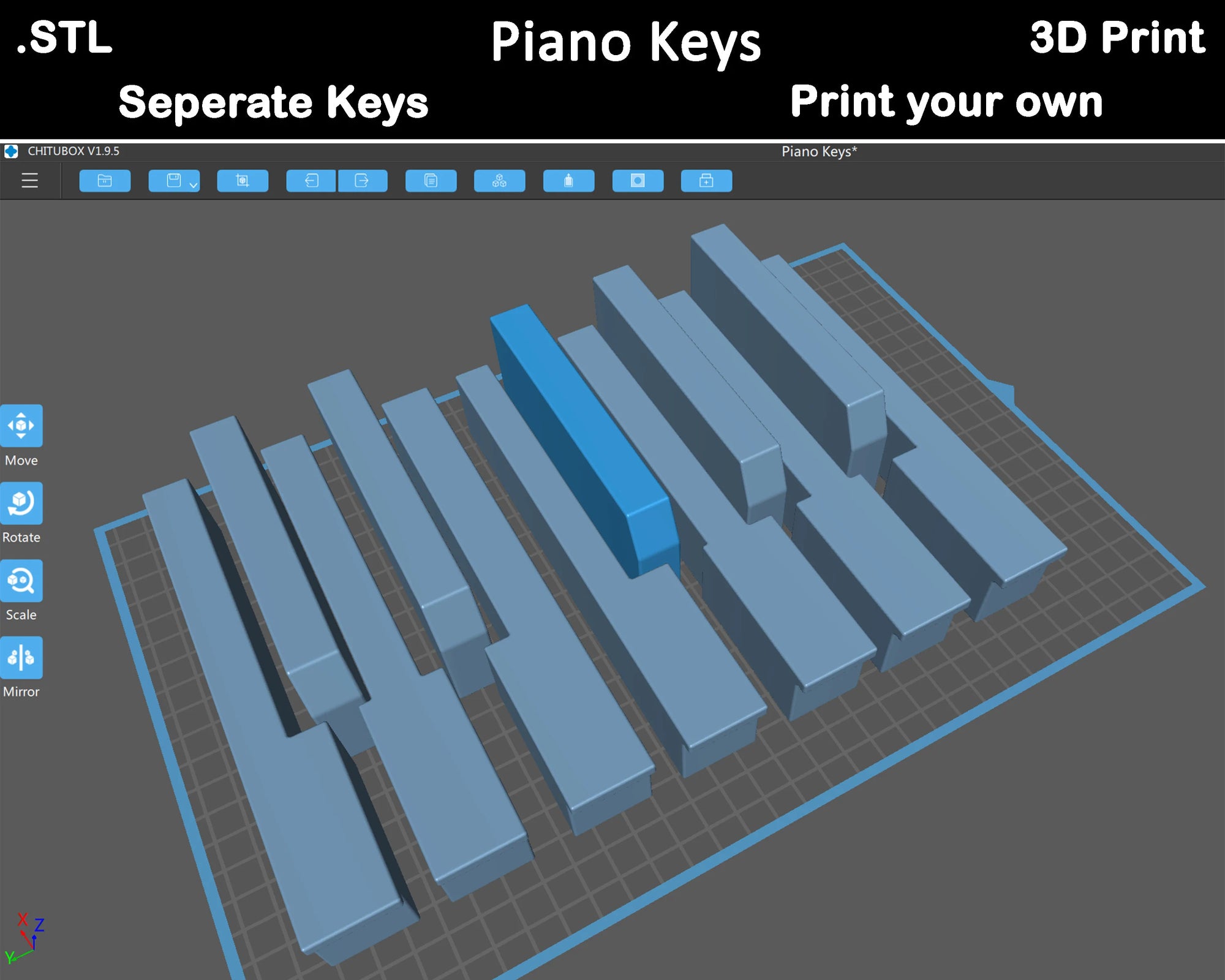 Piano Key STL File – Full Octave of 3D Printable Keys (7 White, 5 Black) – Life-Size for DIY Painting, Decor & Art Projects
